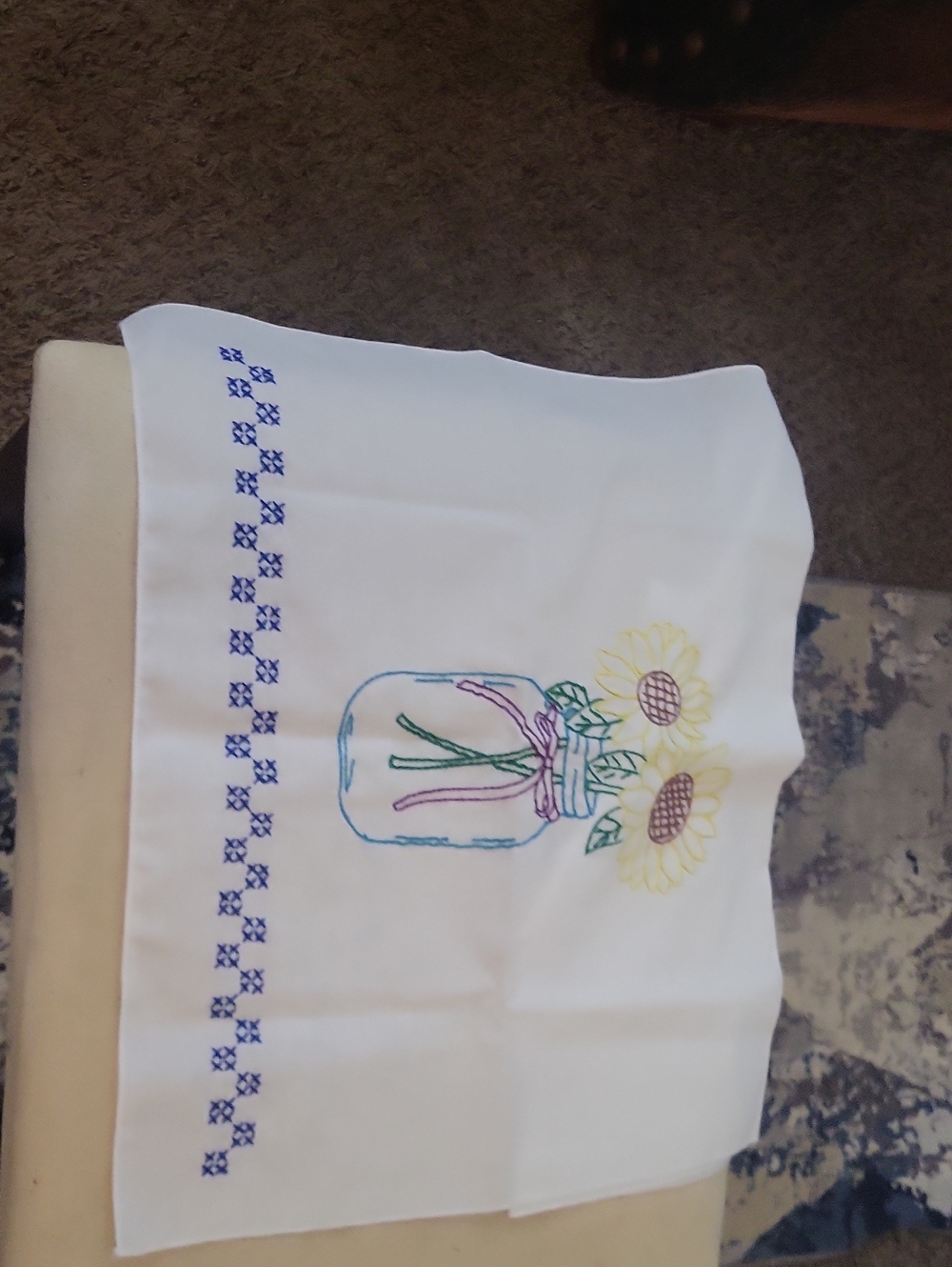Embroidered Sunflower Mason Jar Tea Towel - White Set Of 2